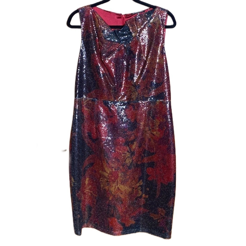 Elie Tahari Lori China Red Multi Sequin Sleeveless Shift Cocktail Dress Sz 14